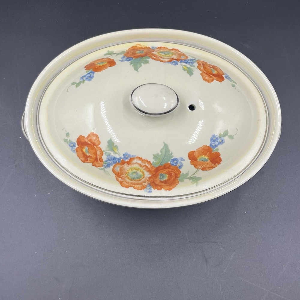 Hall Orange Poppy Casserole wLid‎ Oval Platinum Trim Orange Blue Green - Picture 2 of 11